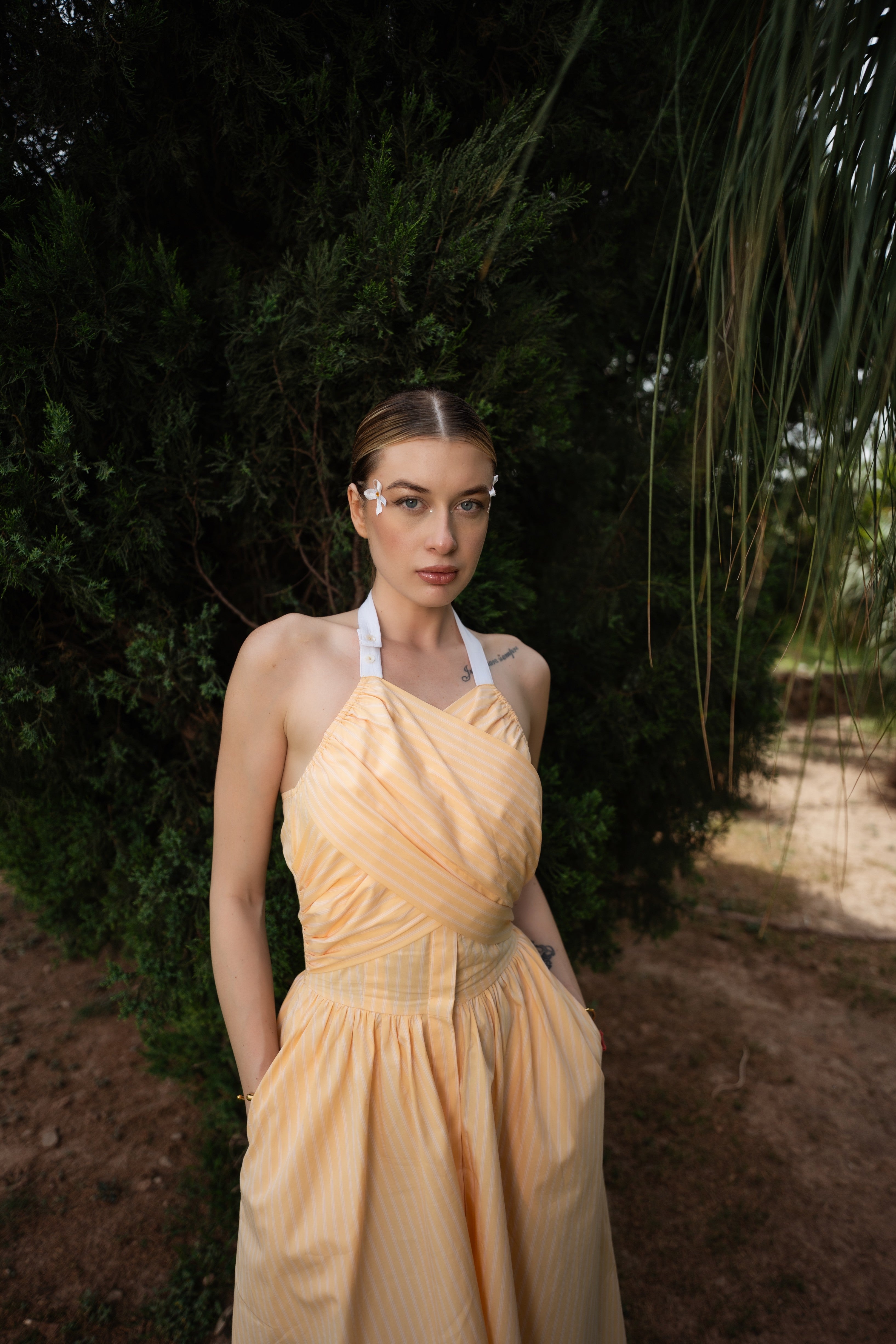 Striped Poplin Halter Neck Dress