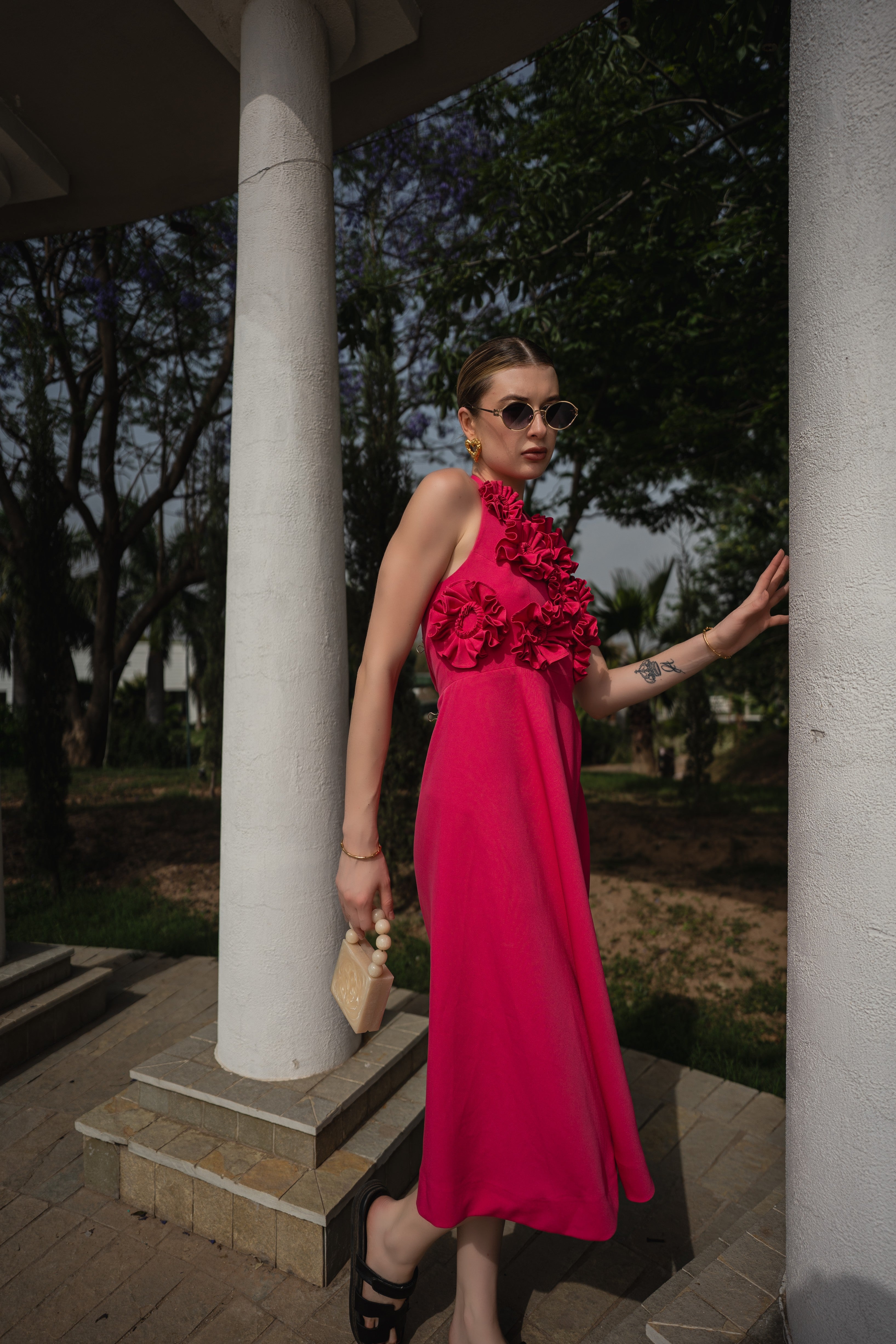 3D FLORAL MIDI DRESS